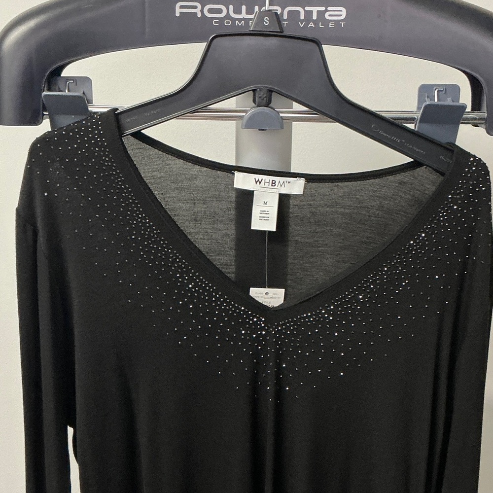 WHBM Elegant Long Sleeve Black V-Neck Blouse, Women's Size M, NWT